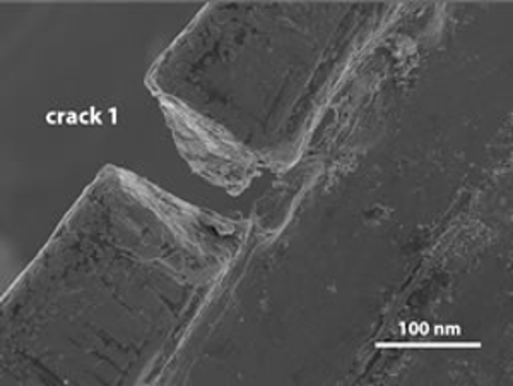 An image of the damaged High Tilt Retainer (HTR) showing a crack magnified at 100 nm.