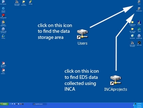 A screenshot of the PC desktop showing the location of the icons for the data storage area and the EDS data collected using INCA.
