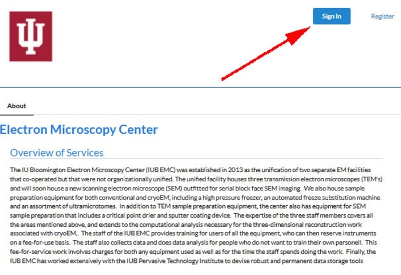 An image of the EMC's iLab home page, specifically displaying the location of the Sign In button in the top-right hand corner of the screen.