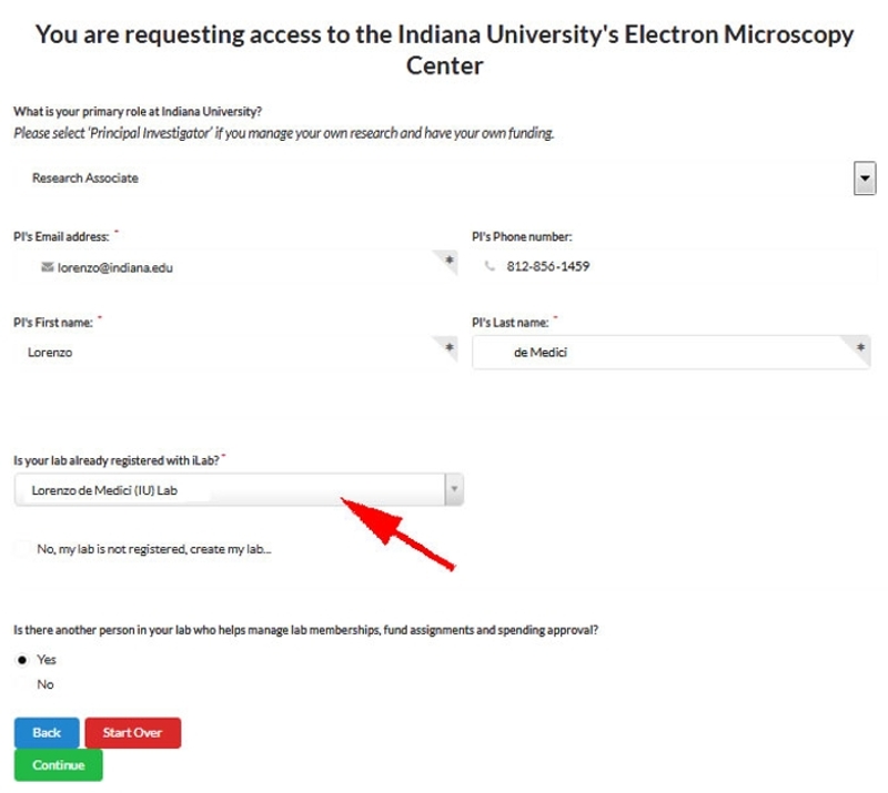 An image of the iLab access form displaying the location the form field asking "Is your lab already registered with iLab?".