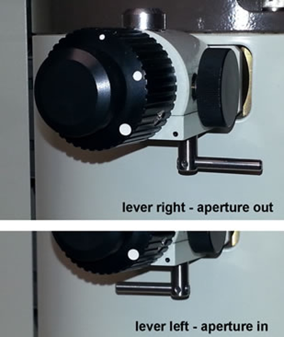 Two different views of the IL (SAA) aperture, showing the position of the lever: when the lever is turned right, the aperture is out - when the lever is turned left, the aperture is in.