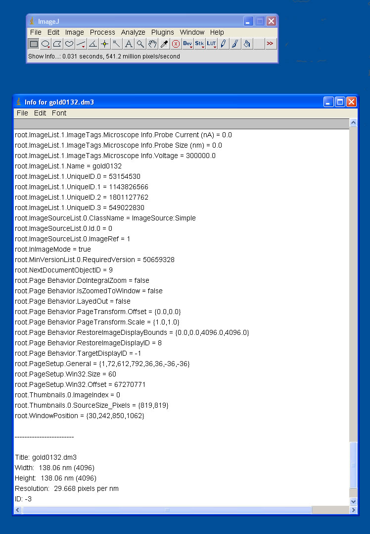 A screenshot of the imageJ software displaying the dm3 metadata.