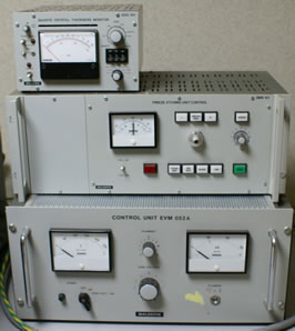 A front view of the Balzers BAF 400D Freeze Etching System, emphasizing the three attached control units.