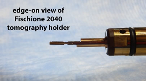 Edge-on view of the Fischione 2040 Dual Tilt Axis Tomography Holder.