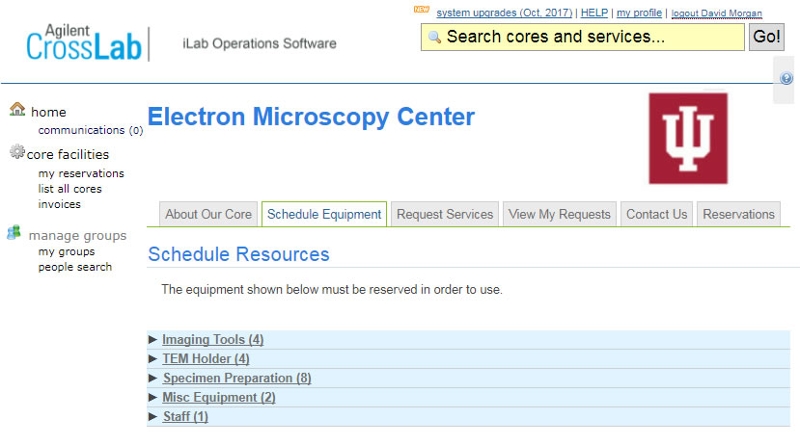 A screenshot of the Electron Microscopy Center homepage in iLab.