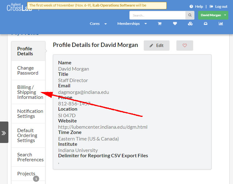 A screenshot of the main Profile Details page focusing on the location of the Billing/Shipping Information tab - to the left of the Profile Details information fields.