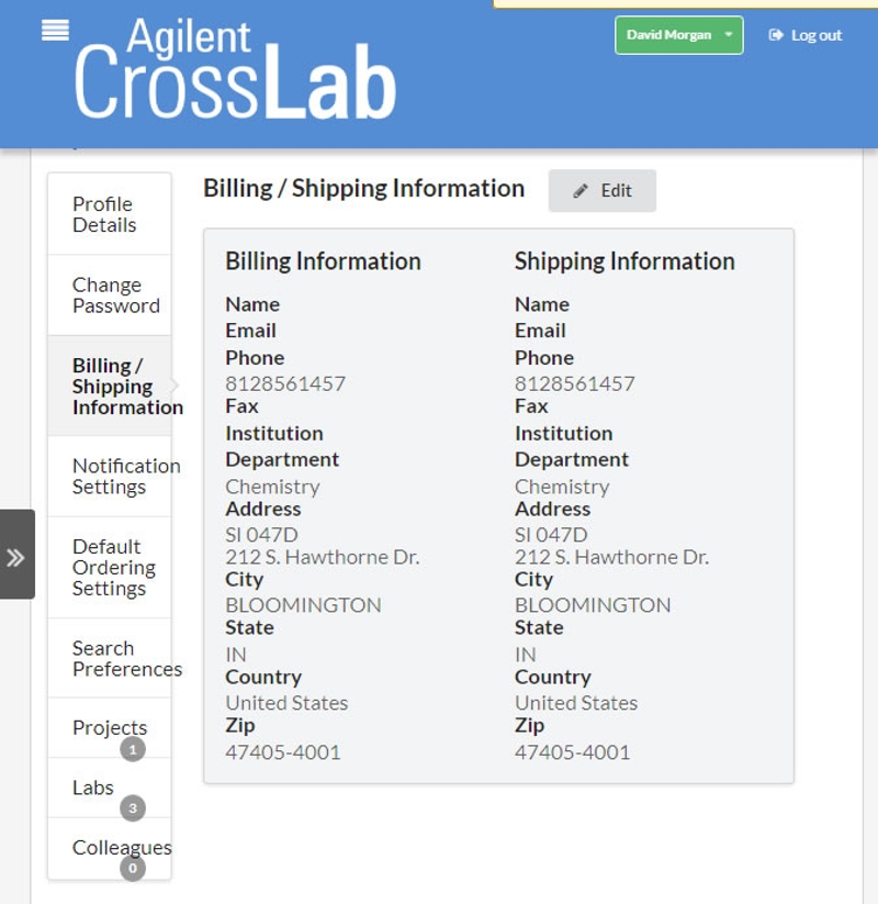 A screenshot showing the Billing/Shipping Information page with its relevant information fields that can also be edited and saved if needed.