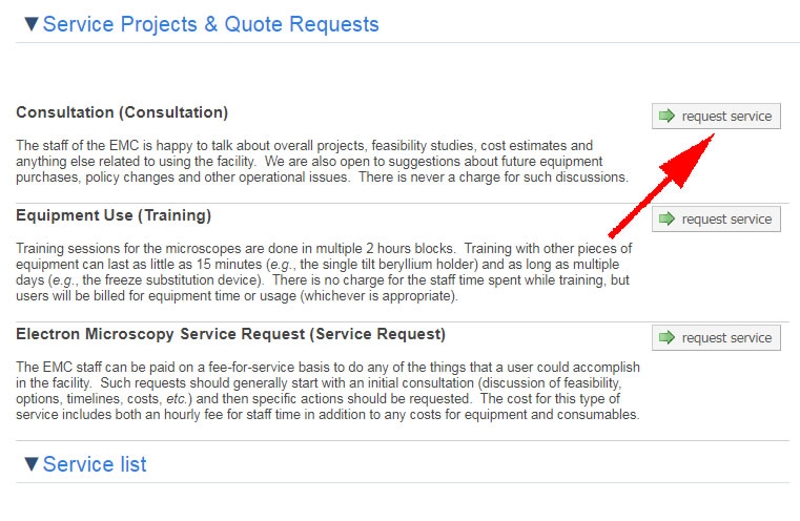 A screenshot of the Service Projects & Quote Requests showing the location of the Request Service button used to begin the consultation process.
