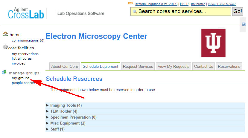 A screenshot of the iLab welcome screen, displaying the location of the My Groups link.