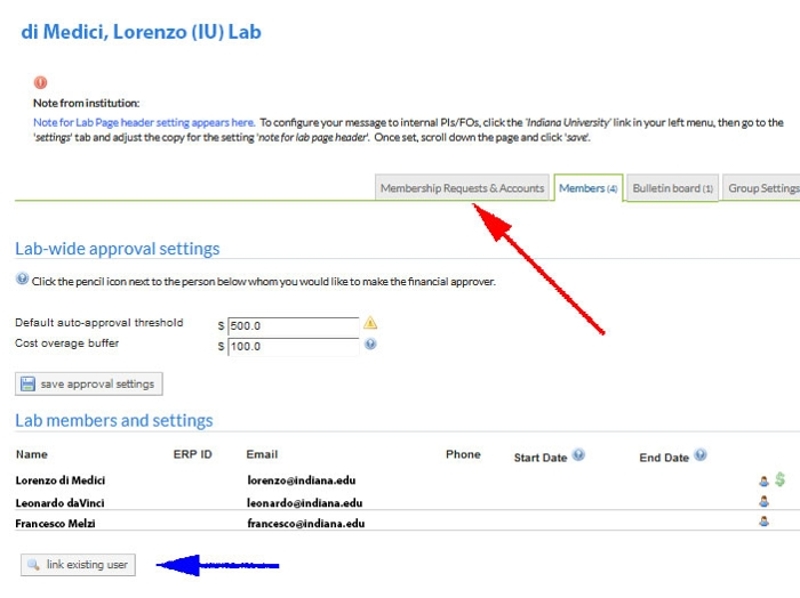 A screenshot of the Members tab in iLab that displays the location of the Membership Requests & Accounts tab, in addition to the Link Existing User button - both useful in managing people and finances within the iLab group.