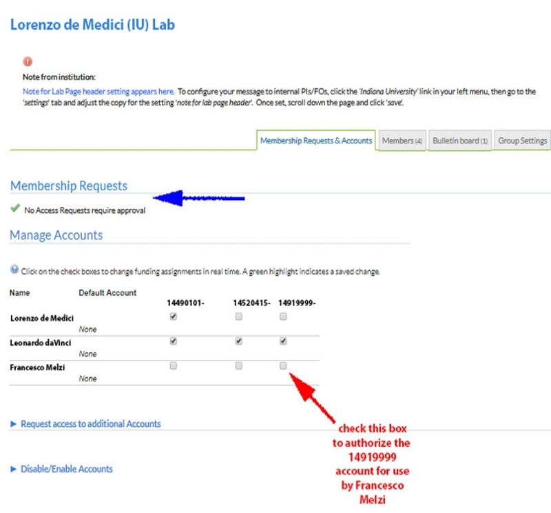 A screenshot of the Membership Requests & Accounts showing the checkbox needed to be selected in order to authorize the 14919999 account for use by Francesco Melzi the PI for the Electron Microscopy Center (EMC).