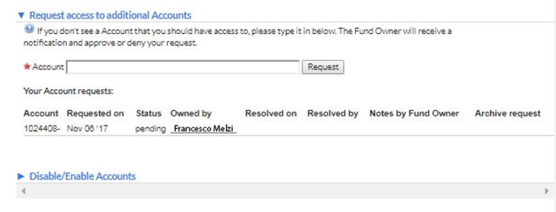 A screenshot f the Membership Requests and Accounts panel displaying the subpage "Request access to additional Accounts" where the account number will be entered before clicking Request button.