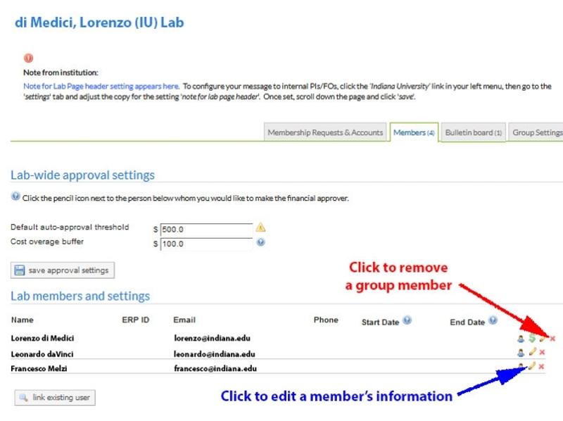 A screenshot of the Member panel showing the location of the two buttons used to remove a group member or edit a member's information.