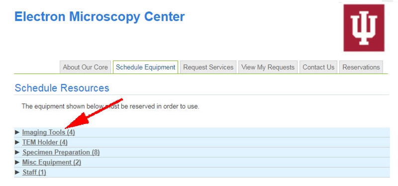 A screensht of the iLab Schedule Equipment panel and it's sub-page Imaging Tools where you'll find details about the available electron microscopes from the Electron Microscopy Center (EMC).