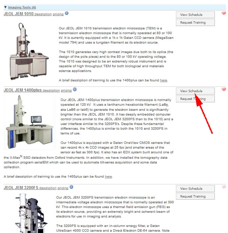 A screenshot of the expanded Imaging Tools section showing the various microscopes available in addition to the View Schedule buttons which will display each microscope's usage schedule.