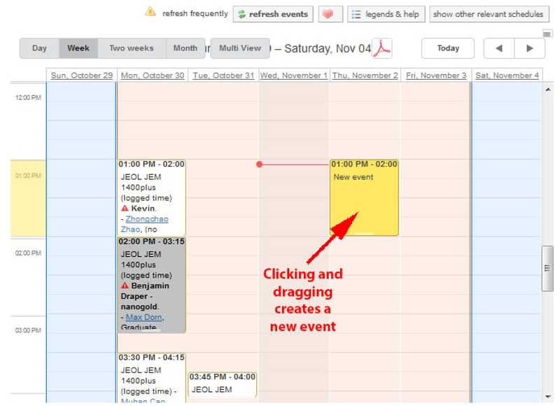 A screenshot of the iLab calendar illustrating where and how to click and drag to create a new event.