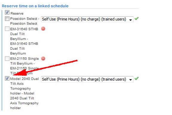 A screenshot showing an example of the various pieces of equipment that can be reserved when reserving a time in iLab.