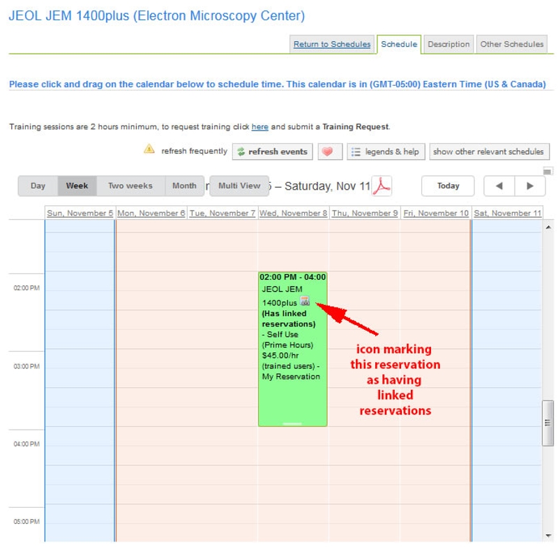 A screenshot showing an iLab calendar with an event displaying a document and a link icon which shows the event as having linked reservations.