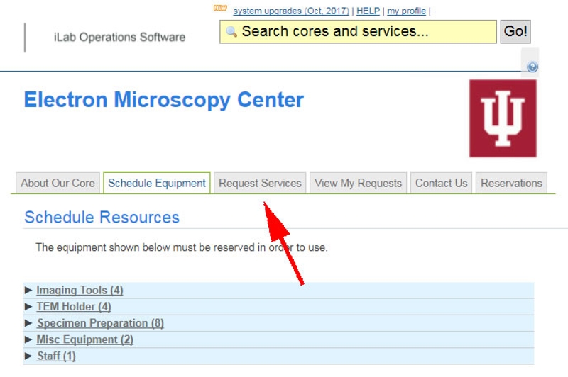 A screenshot of the Electron Microscopy Center's iLab homepage showing the location of the Request Services tab.