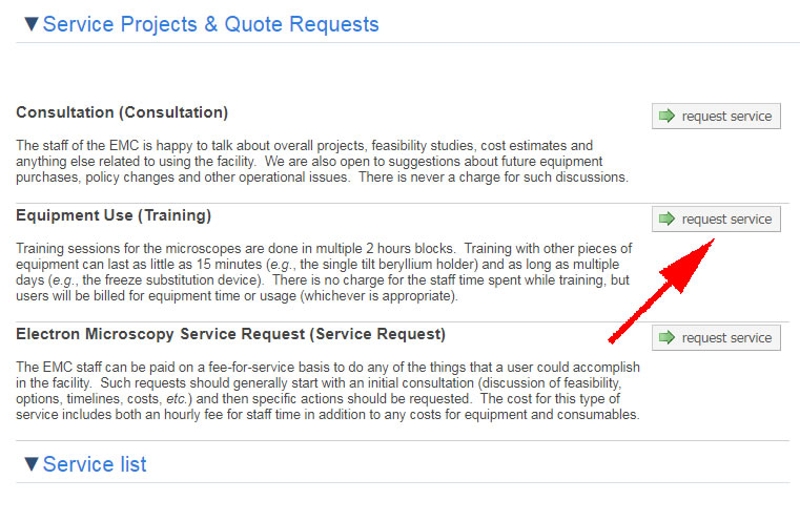 A screenshot of the Service Projects & Quote Requests panel displaying the location of the Request Service button to begin your Equipment Use (Training) request form.