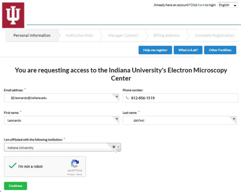 An image of the access form in iLab displaying the different pieces information that will need to be input to continue.