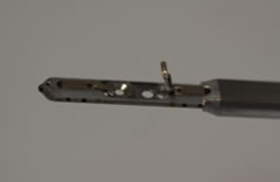 A closeup image of the specimen and specimen clamp on the EM-SQH10 holder.