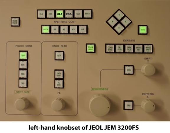 An image of the left-hand knobset of the JEOL JEM 3200FS microscope.