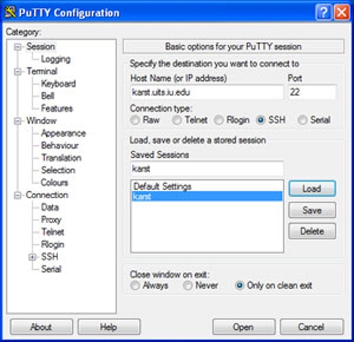 A screenshot of the PuTTY software, showing the location o the Saved Sessions for Karst.